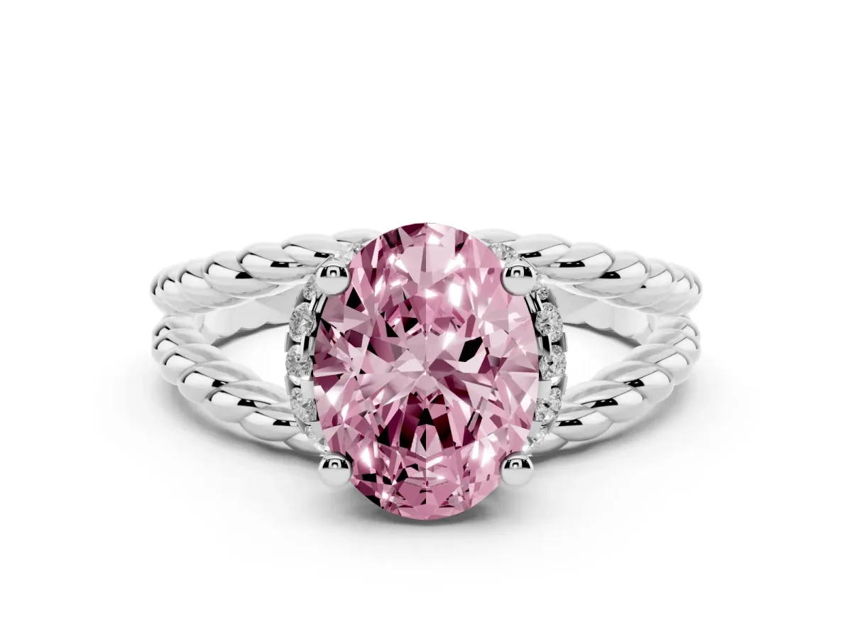 Fancy Pink Oval Cut Halo Twisted Band Four-Prong Ring Silver