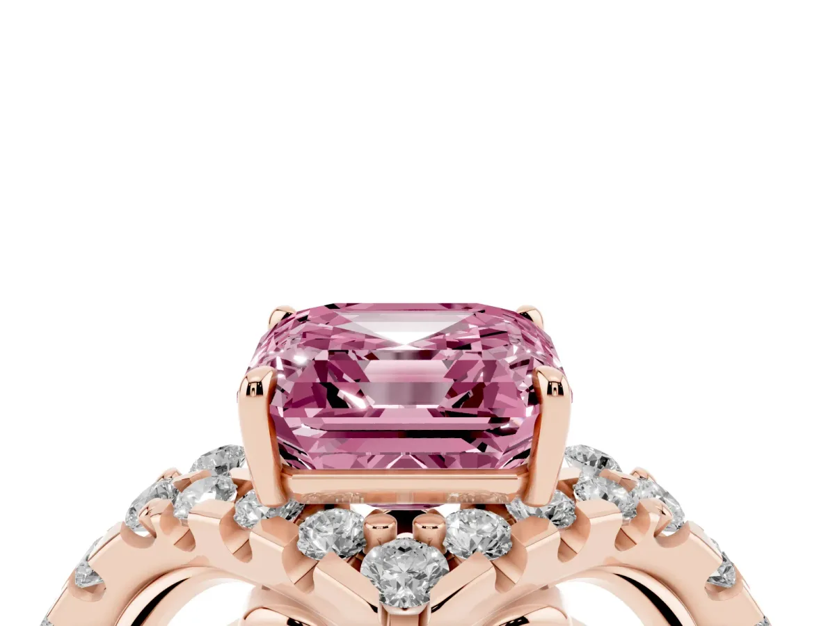 Fancy Pink Asscher Cut Diamond Solitaire Ring with Hidden Halo and Pavé Band Rose gold