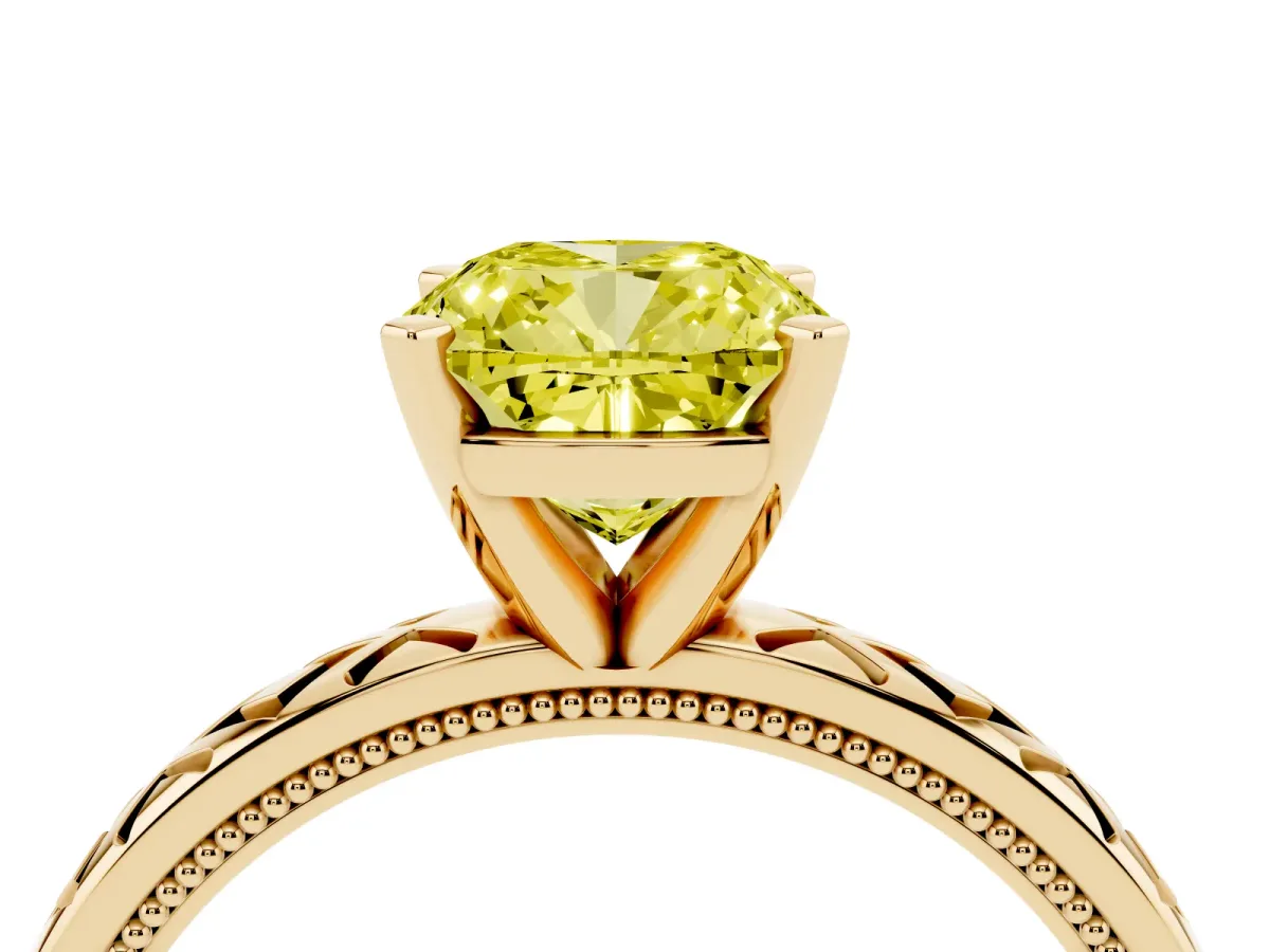 Fancy Yellow Cushion Cut Solitaire Diamond Ring with Milgrain and Black Enamel X Pattern Band Yellow gold