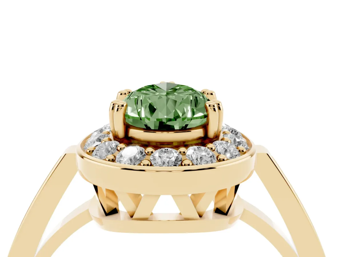 Fancy Green Pear Cut Diamond Halo Ring with Split Shank and Four-Prong Setting Yellow gold