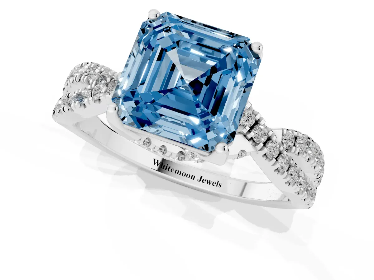 Fancy Blue Asscher Cut Solitaire Twist Pave Diamond Engagement Ring with Prong Setting Platinum