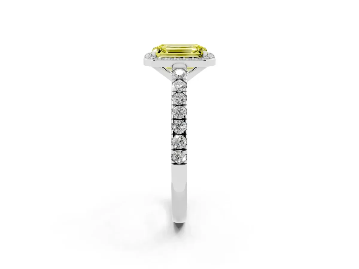 Fancy Yellow Emerald Cut Cut Halo Diamond Engagement Ring with Pave Band and Four-Prong Setting Platinum