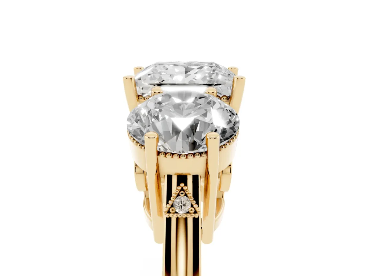 Three-Stone Princess Cut Diamond Engagement Ring with Prong Setting on a Classic Band Yellow gold