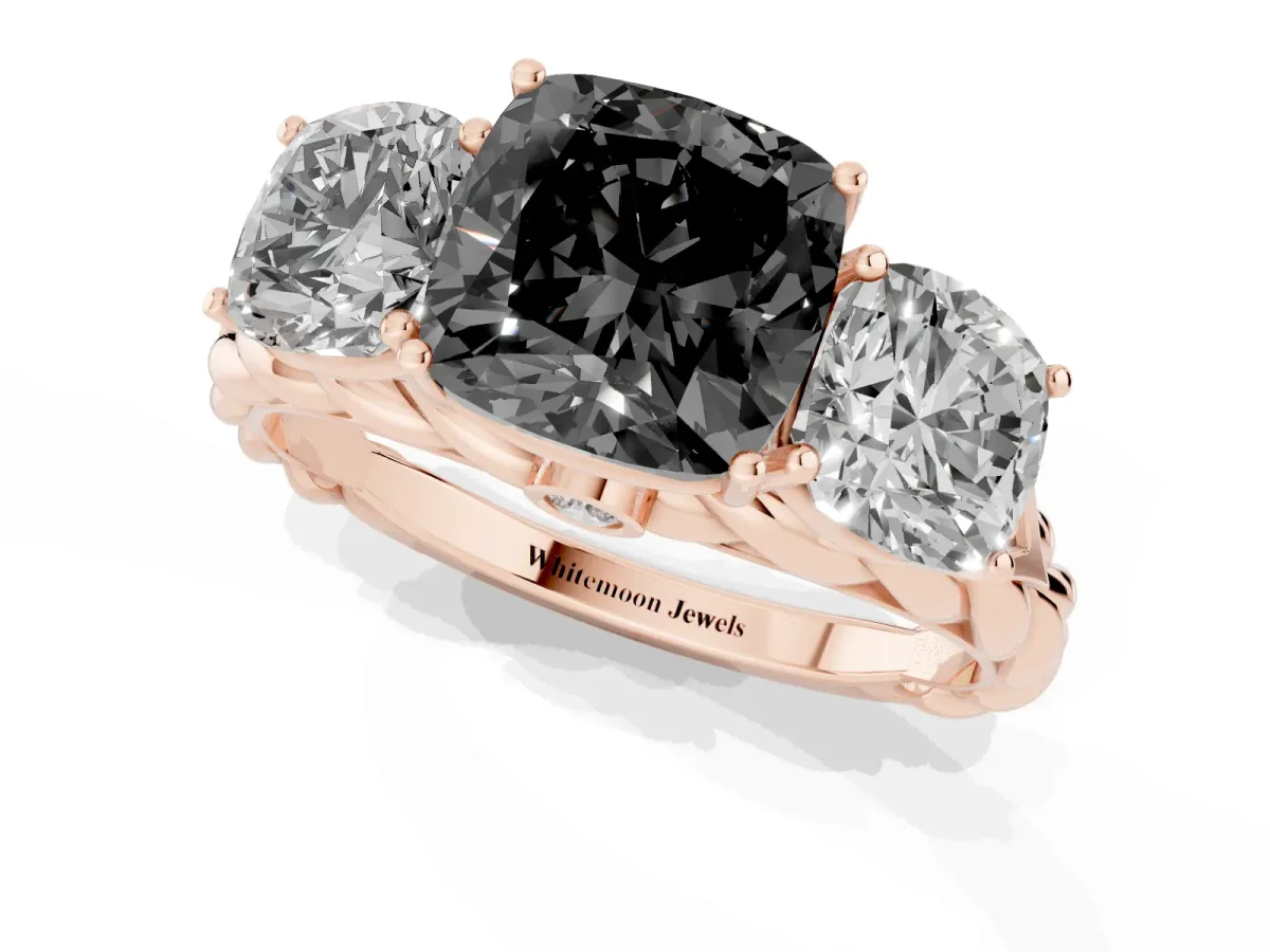 Fancy Black Three-Stone Cushion Cut Diamond Braided Band Ring with Four-Prong Setting Rose gold
