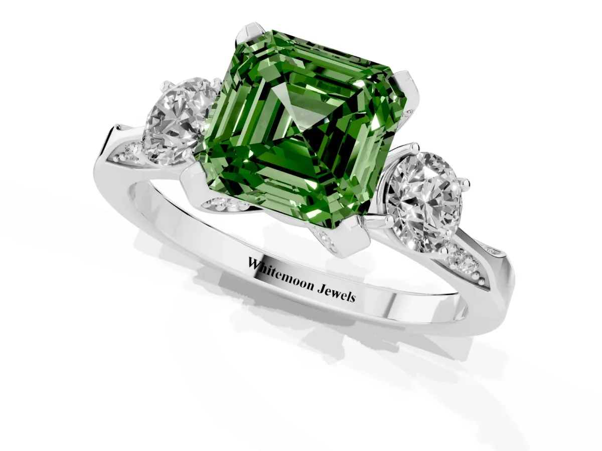 Fancy Green Asscher Cut Brilliant Three-Stone Diamond Ring with Pavé Band and Four-Prong Setting Silver