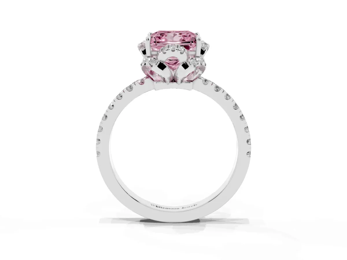 Fancy Pink Princess Cut Diamond Halo Pave Band with Four-Prong Setting Platinum