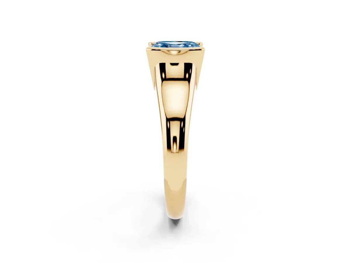 Fancy Blue Asscher Cut Solitaire Tension Set Diamond Ring with Split Shank Band Yellow gold