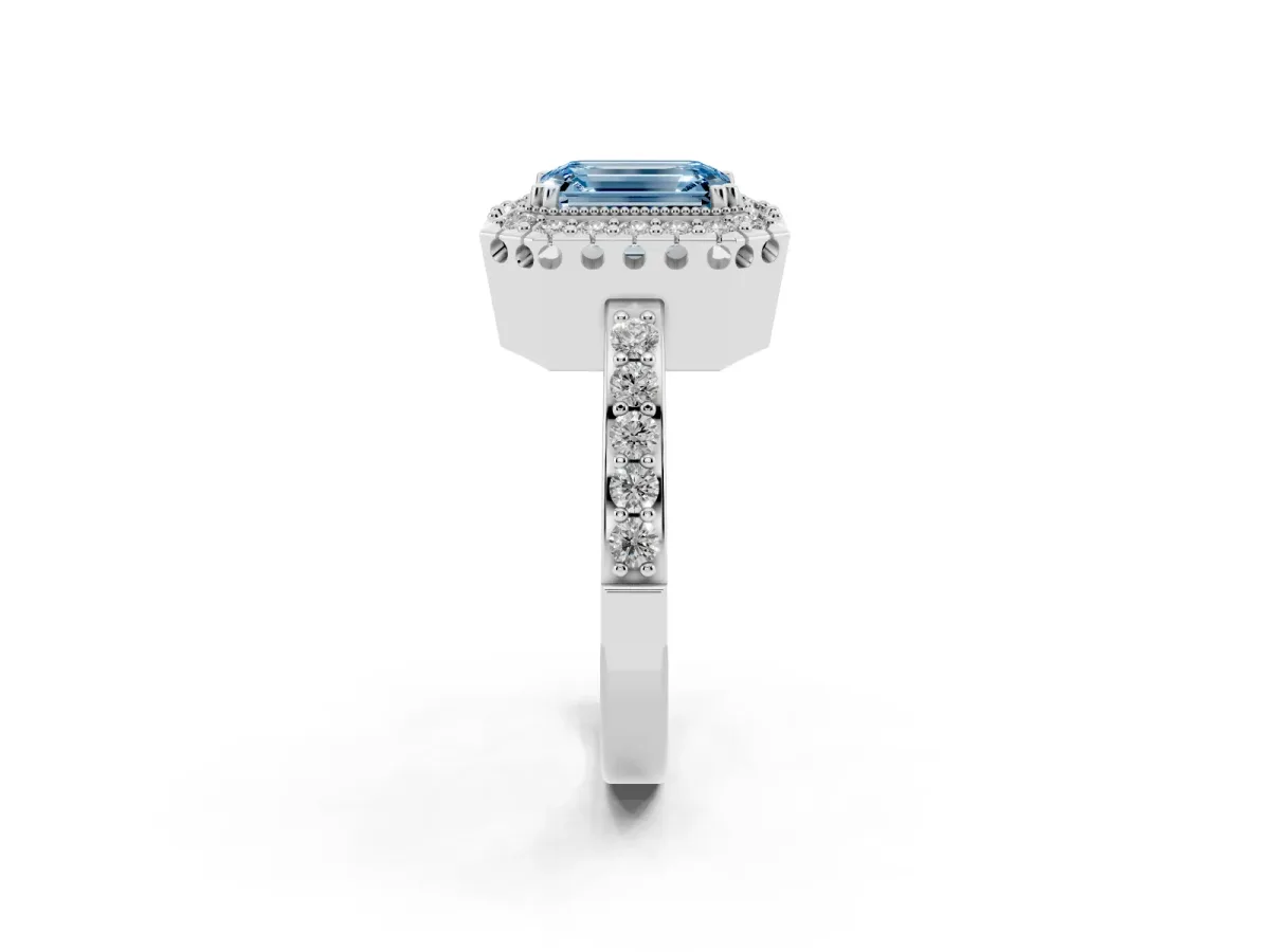 Fancy Blue Emerald Cut Diamond Halo Ring with Pavé Band and Prong Setting Silver