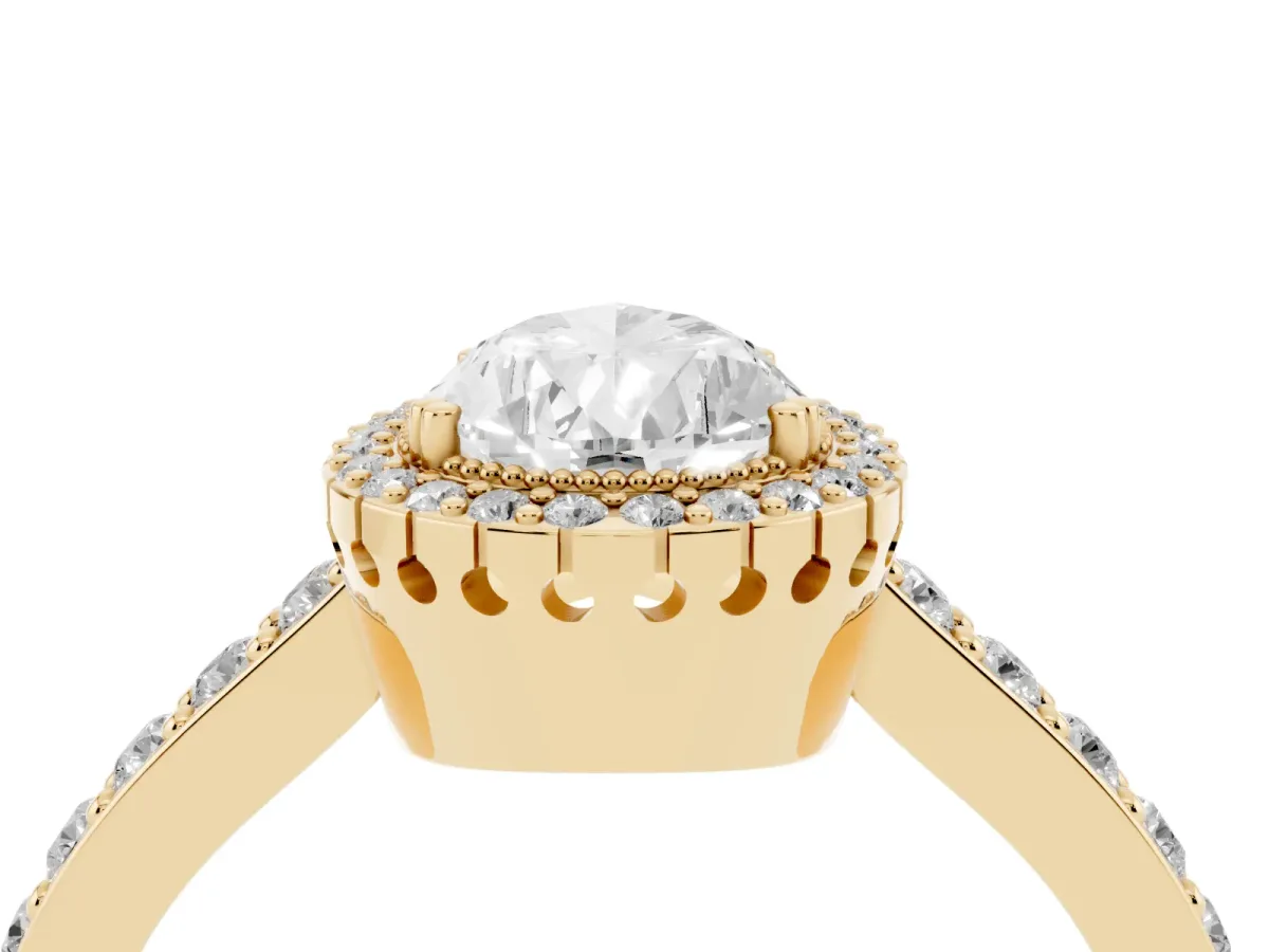 Pear Cut Cut Diamond Halo Engagement Ring with Milgrain Detail and Pavé Band Yellow gold
