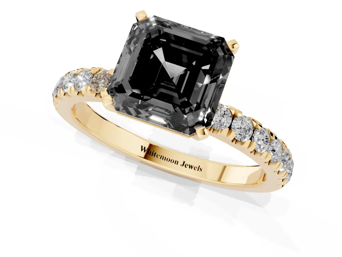 Fancy Black Asscher Cut Diamond Solitaire Ring with Pavé Accents and Four-Prong Setting Yellow gold