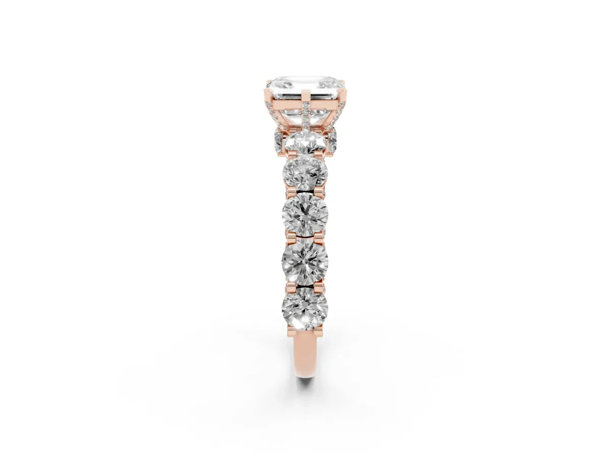 Asscher Cut Diamond Side Stone Engagement Ring with Four-Prong Setting Rose gold