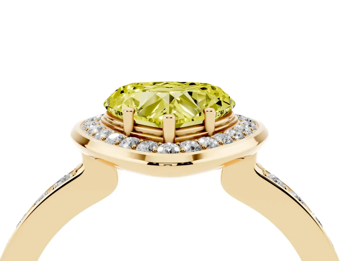 Fancy Yellow Heart Cut Diamond Halo Ring with Bezel Frame and Pavé Band Yellow gold
