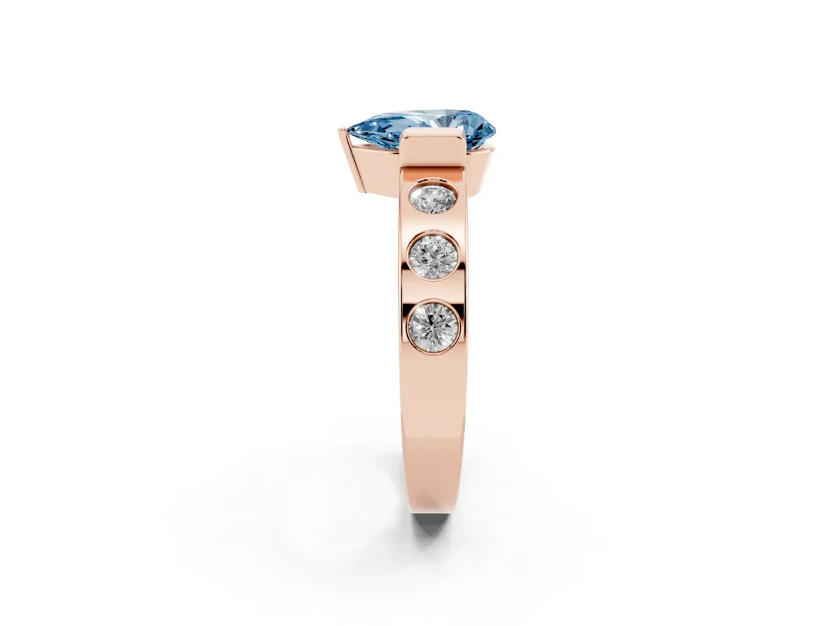 Fancy Blue Pear Cut Brilliant Channel-Set Diamond Ring with Bezel Prong Setting Rose gold