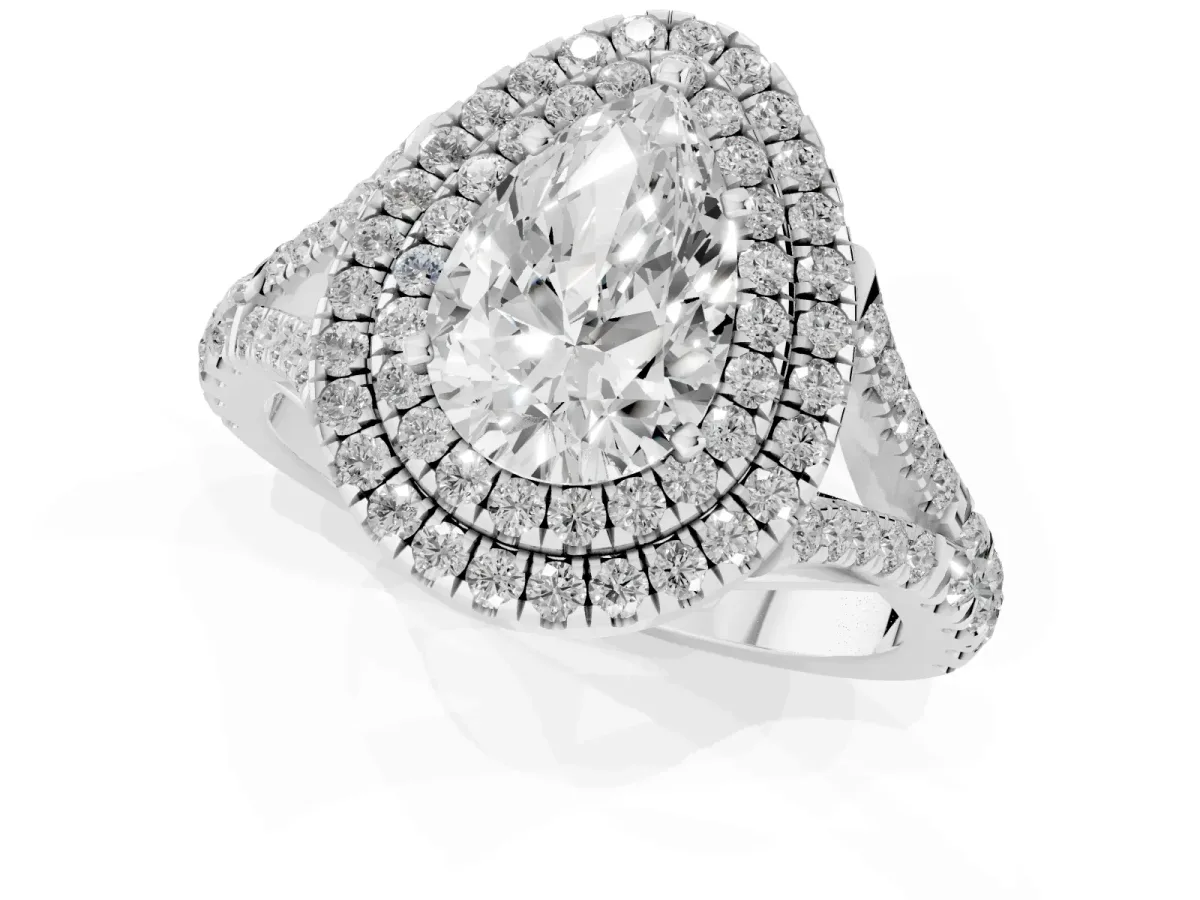 Double Halo Pear Cut Diamond Split Shank Engagement Ring with Four-Prong Setting Silver