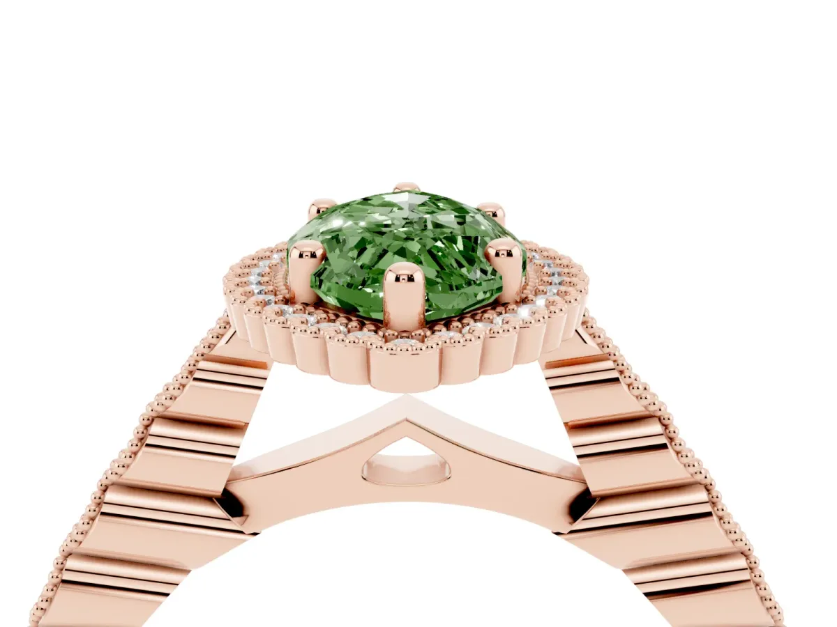 Fancy Green Marquise Cut Cut Halo Pavé Solitaire Ring with Milgrain Band Rose gold