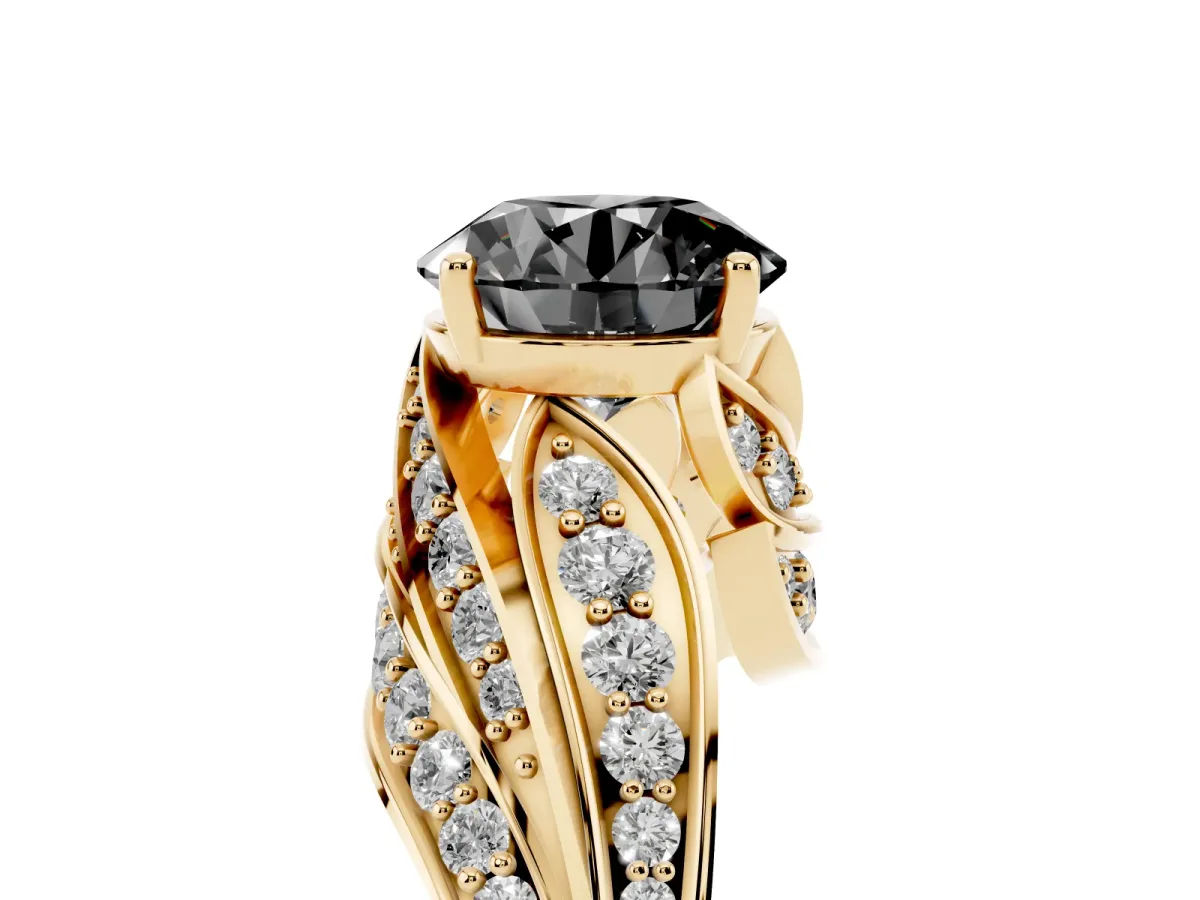 Fancy Black Round Cut Diamond Solitaire Ring with Prong Setting and Twisted Pavé Band Yellow gold