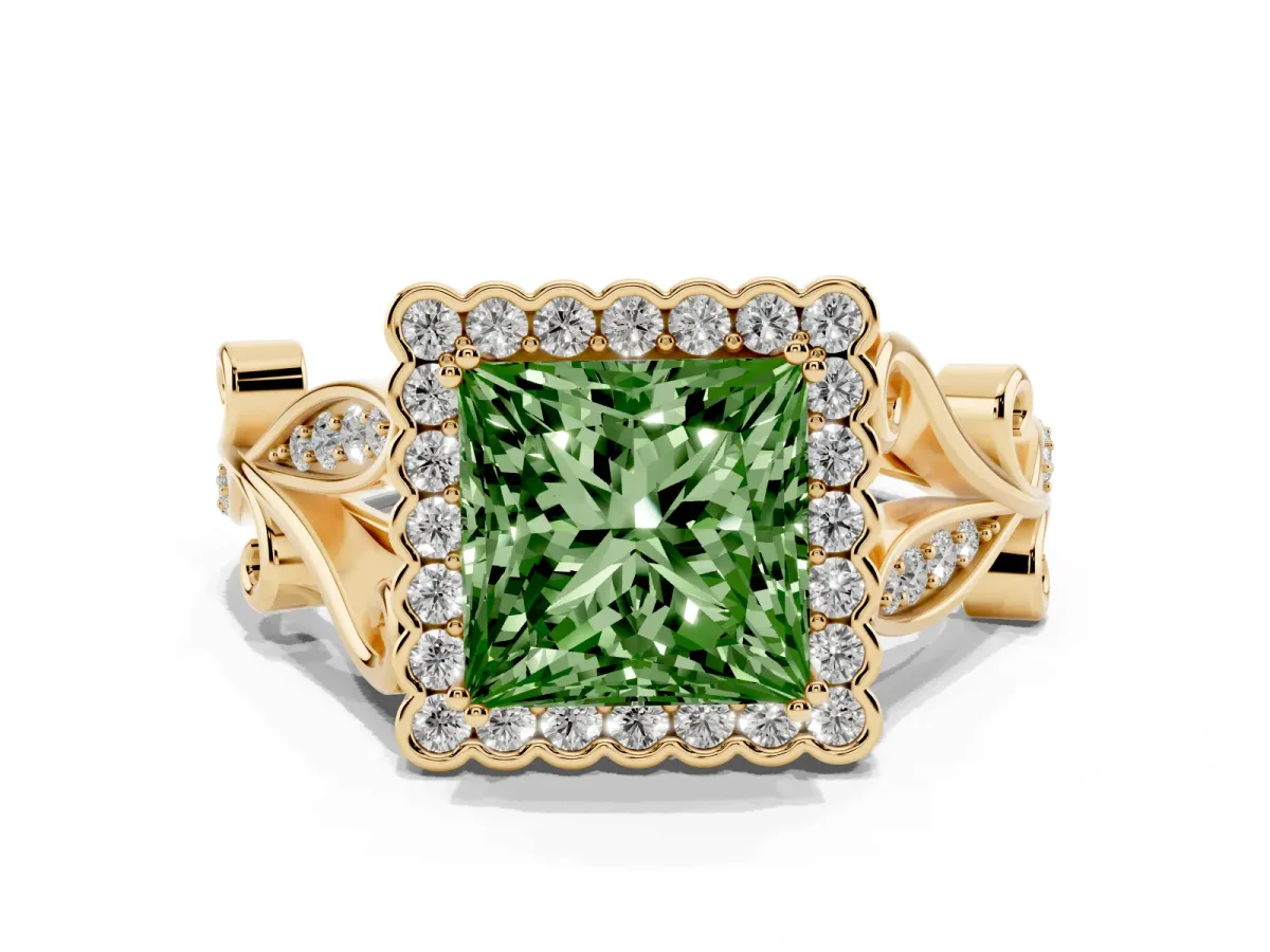 Fancy Green Princess Cut Diamond Halo Ring with Vintage Split Shank and Four-Prong Setting Yellow gold