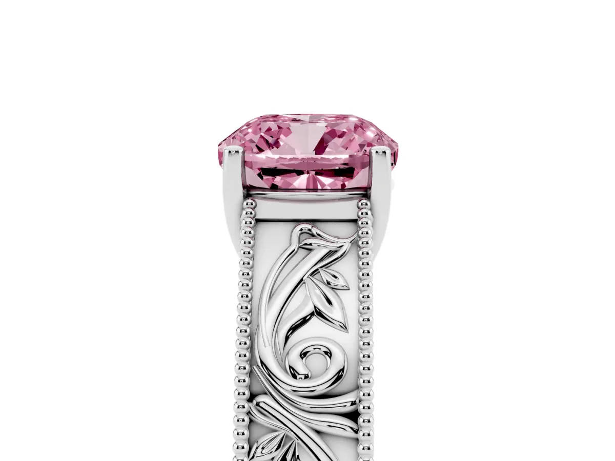 Fancy Pink Cushion Cut Diamond Solitaire Ring with Engraved Band and Four-Prong Setting Silver