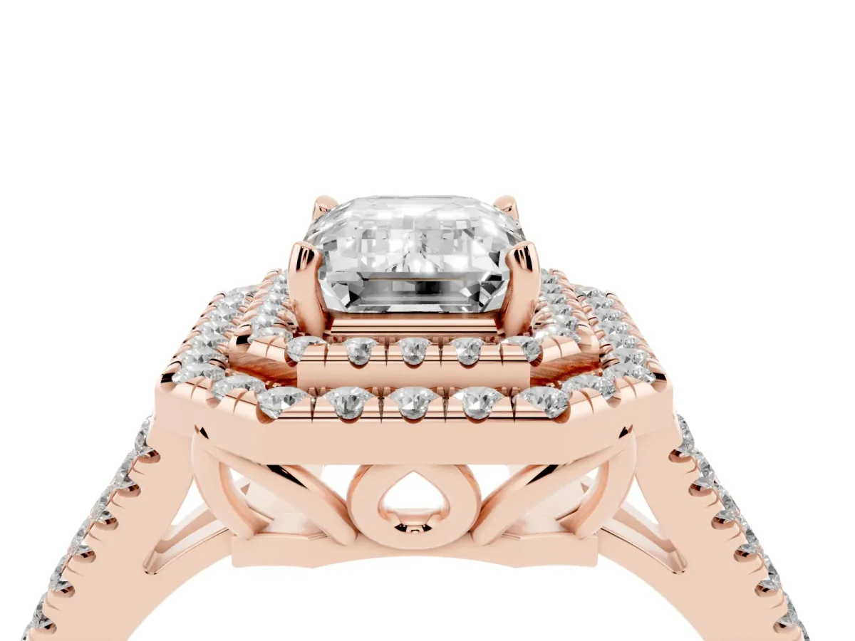 Emerald Cut Diamond Double Halo Ring with Pavé Band and Prong Setting Rose gold