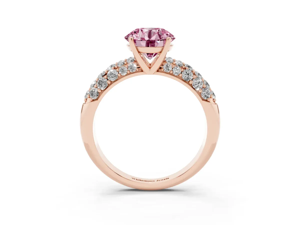 Fancy Pink Round Cut Diamond Pavé Band Solitaire Ring with Four-Prong Setting Rose gold