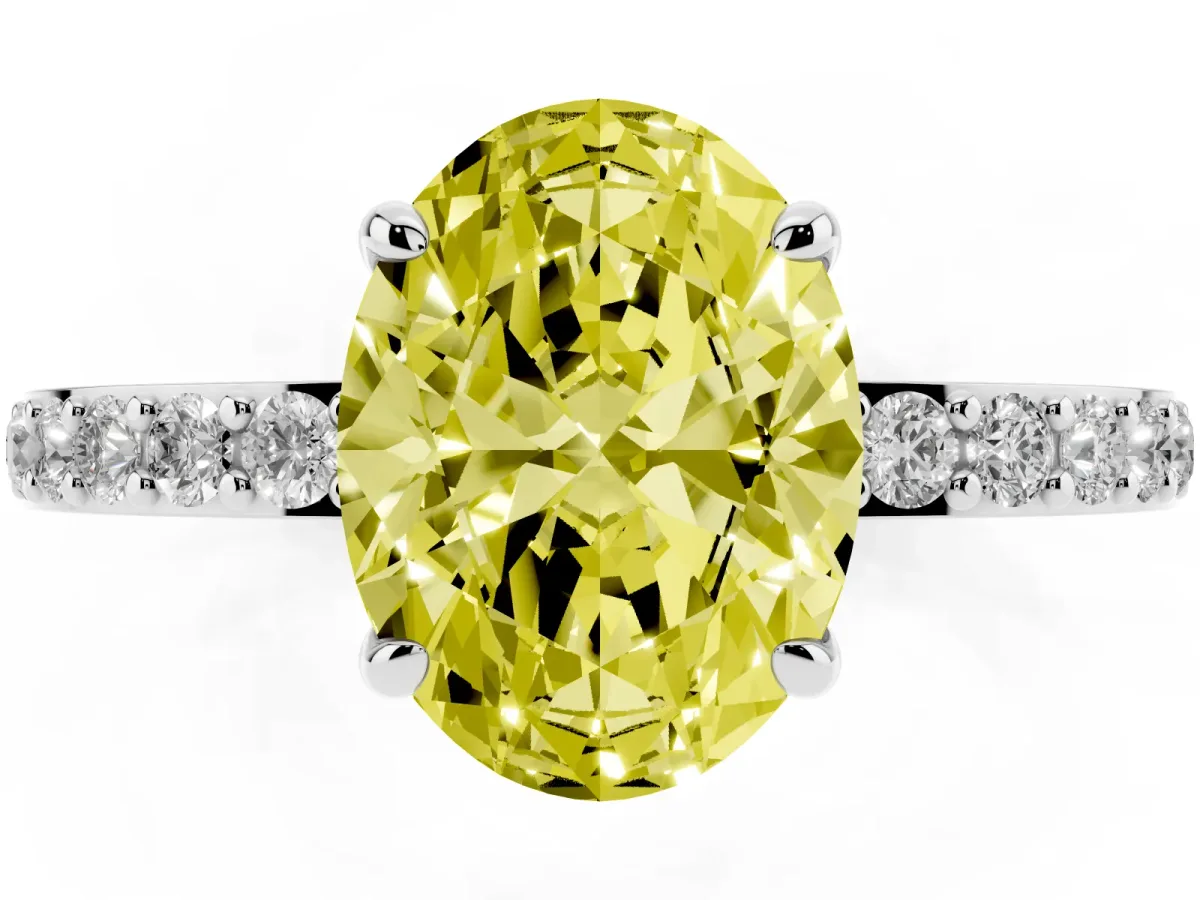 Fancy Yellow Oval Cut Diamond Pavé Engagement Ring with Round Accents and Prong Setting Silver