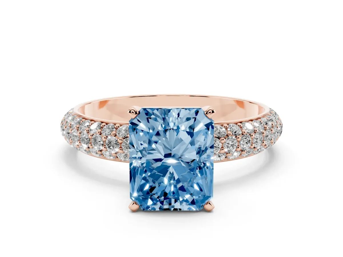 Fancy Blue Radiant Cut Diamond Solitaire Ring with Prong Setting and Pavé Band Rose gold
