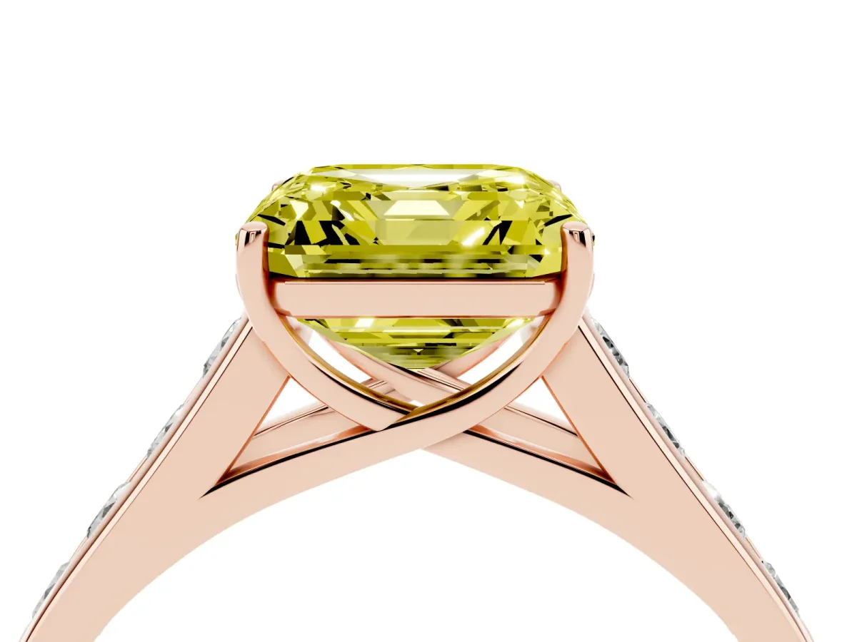 Fancy Yellow Asscher Cut Solitaire Channel-Set Diamond Engagement Ring with Four-Prong Setting Rose gold