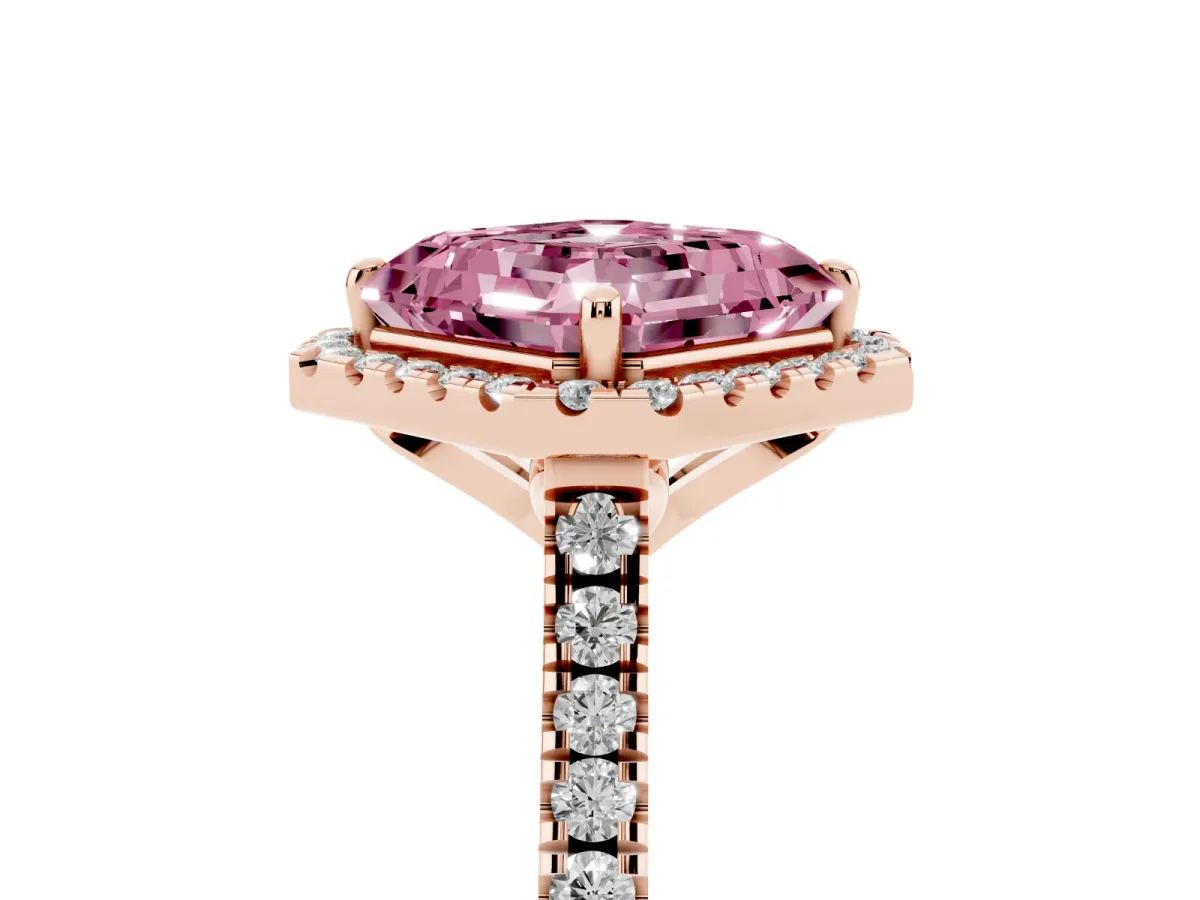 Fancy Pink Asscher Cut Diamond Cushion Halo Ring with Pavé Band Rose gold