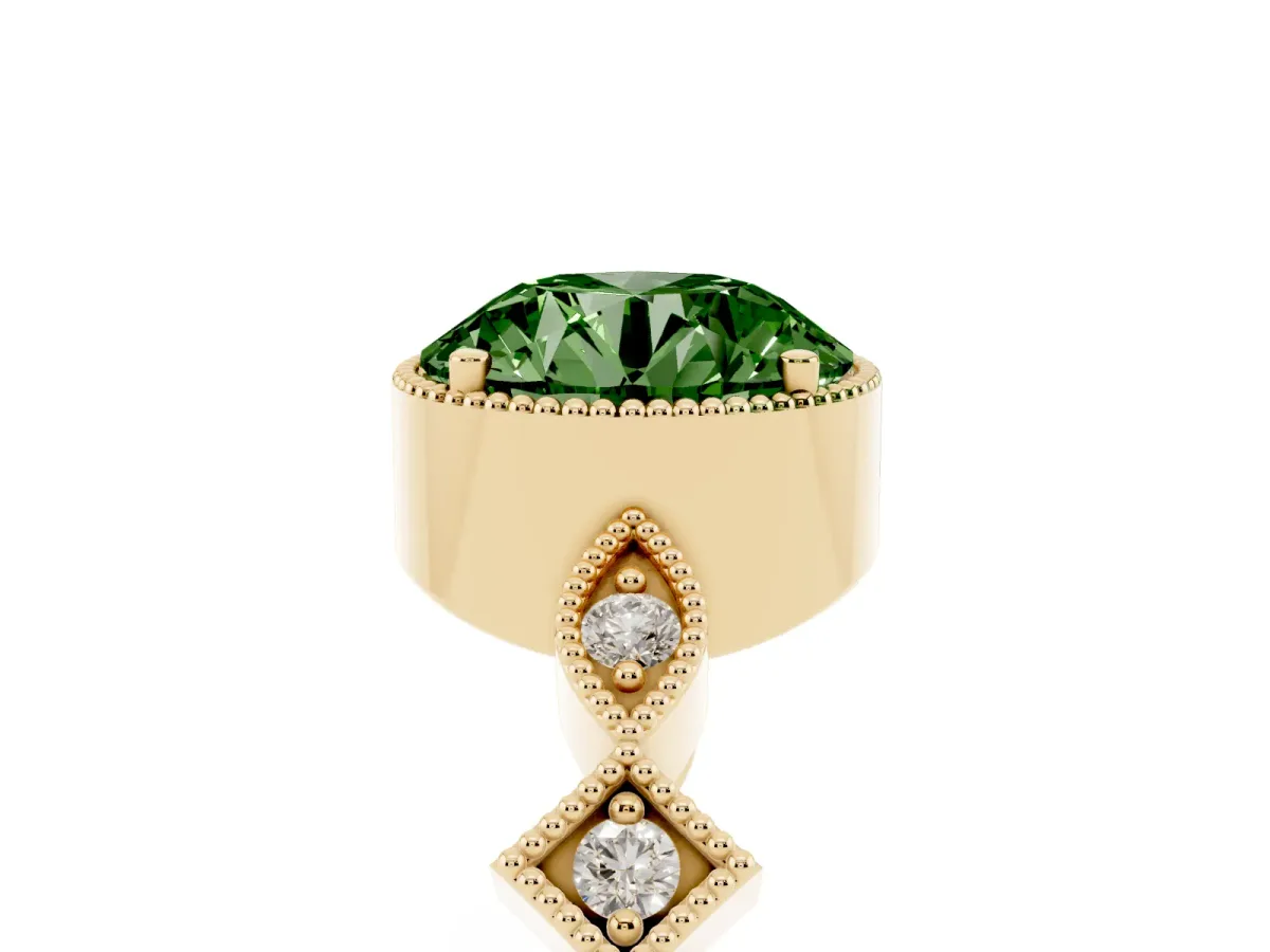 Fancy Green Round Cut Milgrain Marquise Diamond Twist Band Ring Yellow gold