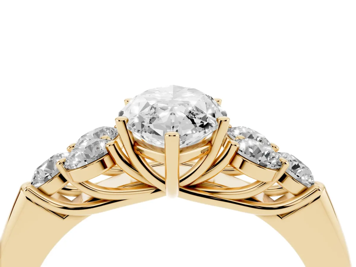 Marquise Cut Cut Diamond Cluster Ring with Round Accent Stones and Prong Setting on a Classic Band Yellow gold
