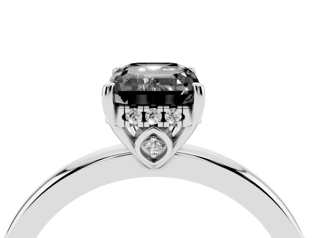 Fancy Black Emerald Cut Solitaire Diamond Ring with Prong Setting and Plain Band Silver