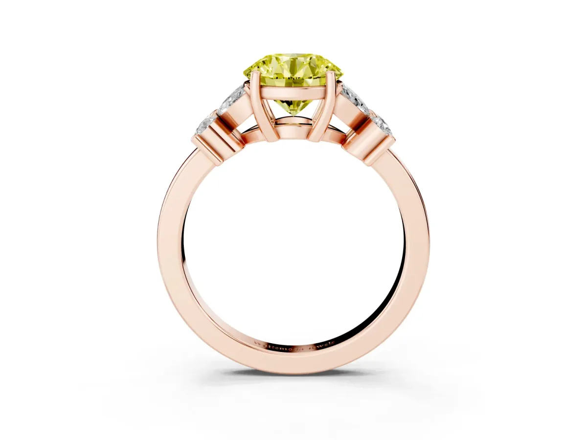 Fancy Yellow Round Cut Diamond Floral Cluster Ring with Solitaire Band and Prong Setting Rose gold