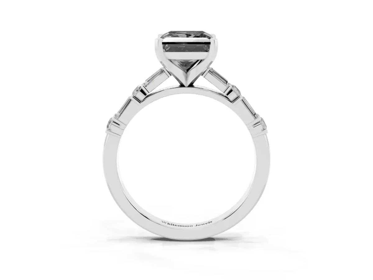 Fancy Black Princess Cut Diamond Solitaire with Side Baguettes and Channel Set Band White gold