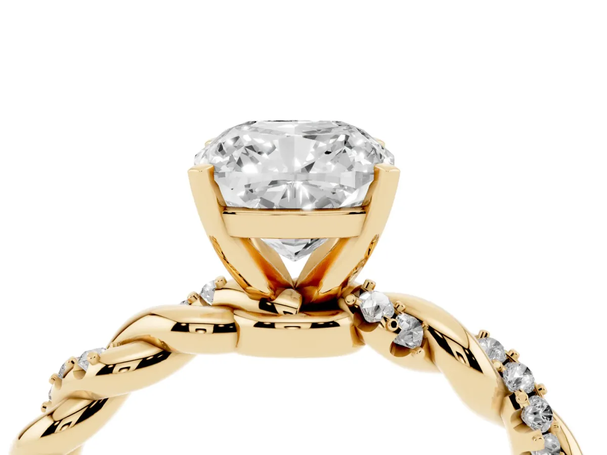 Cushion Cut Diamond Solitaire Ring with Twisted Band and Pavé Accents Yellow gold