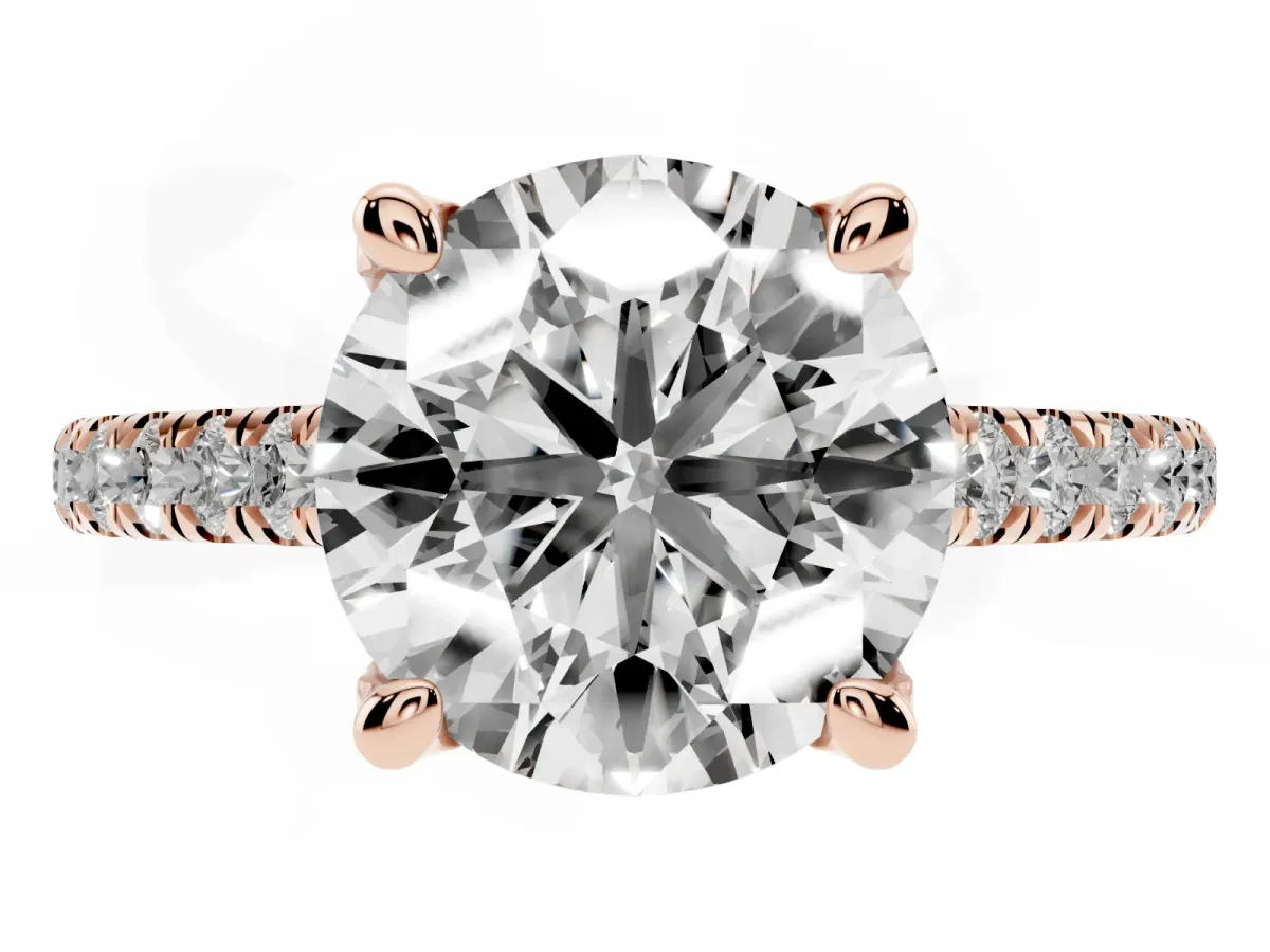 Round Cut Brilliant Diamond Solitaire with Pavé Band and Four-Prong Setting Rose gold