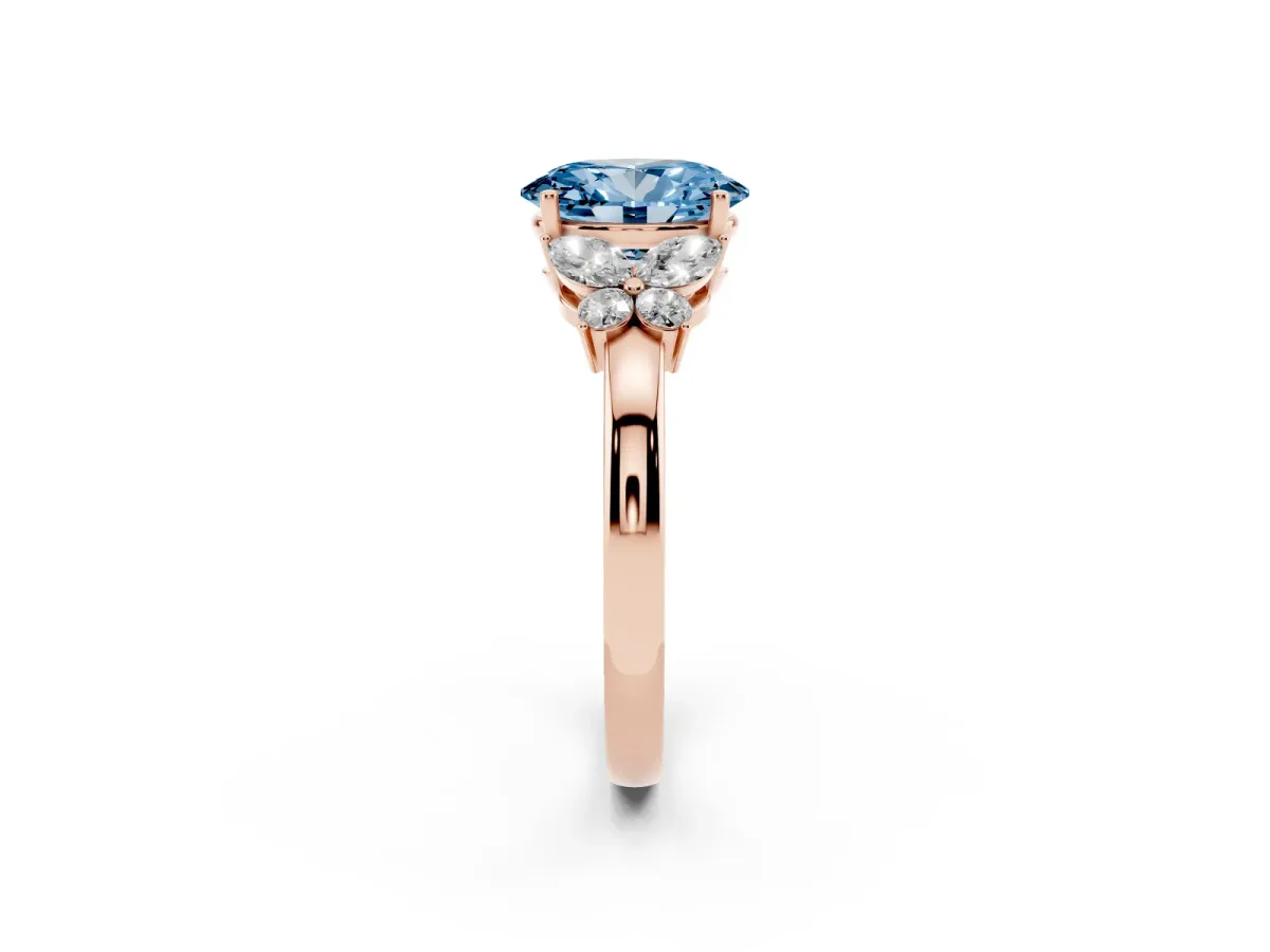 Fancy Blue Oval Cut Cut Solitaire Floral Diamond Ring with Four-Prong Setting Rose gold