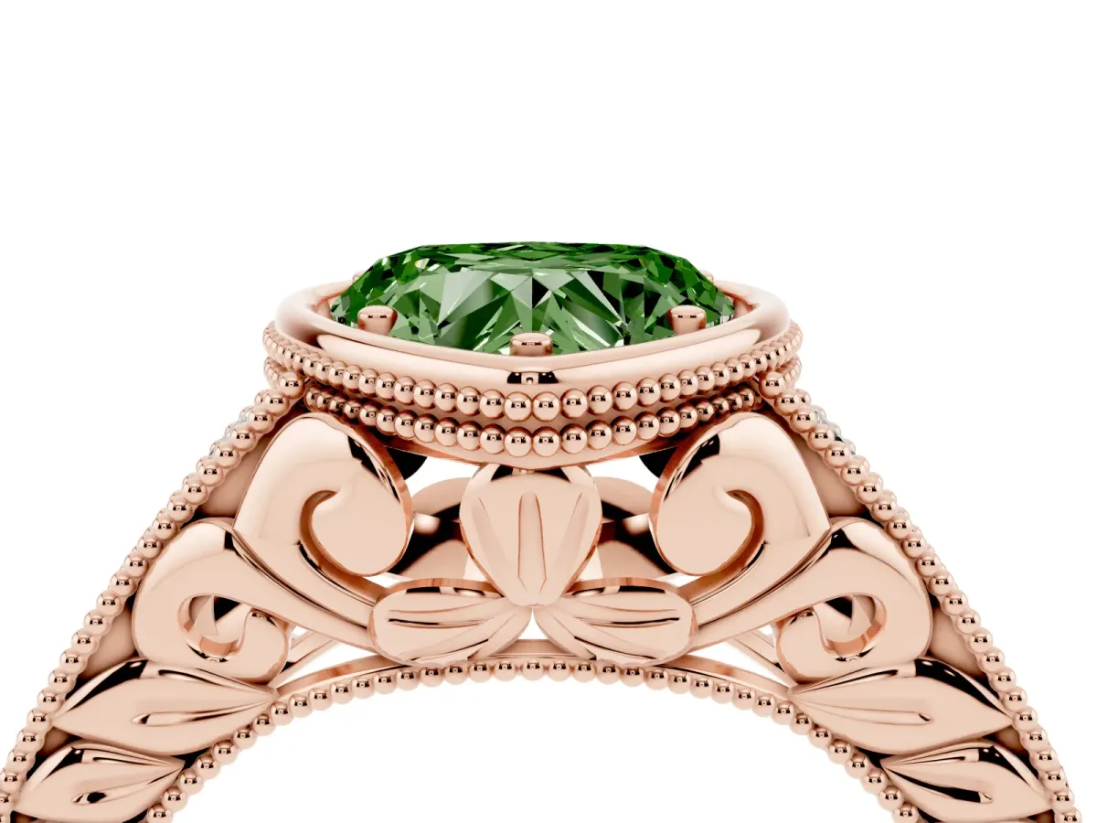Fancy Green Bezel Set Heart Cut Diamond Milgrain Pave Engagement Ring Rose gold