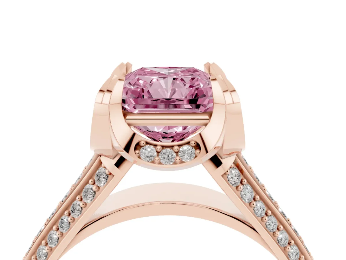 Fancy Pink Radiant Cut Solitaire Pave Split Shank Ring with Four-Prong Setting Rose gold
