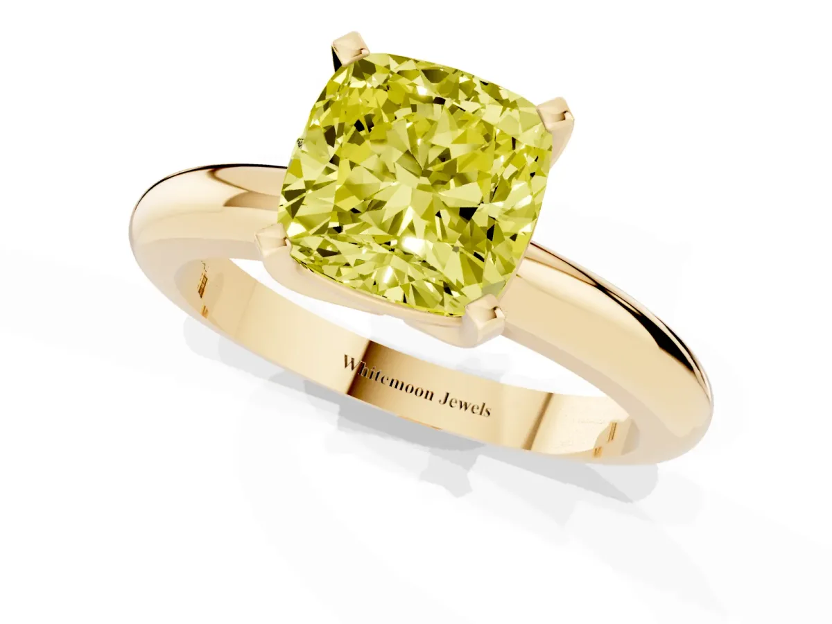 Fancy Yellow Cushion Cut Diamond Solitaire Engagement Ring with Round Band and Four-Prong Setting Yellow gold