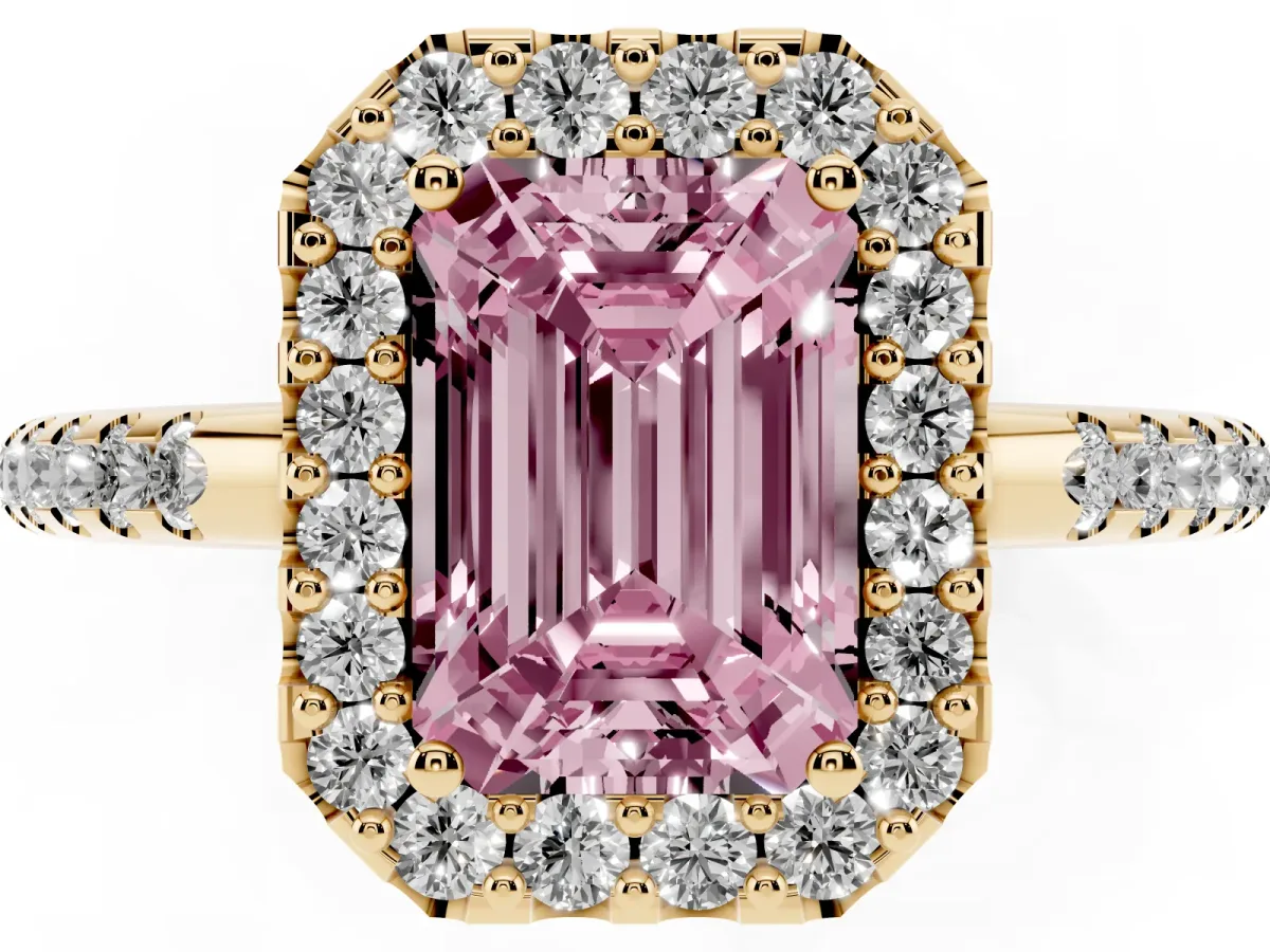 Fancy Pink Emerald Cut Diamond Pavé Halo Ring with Four-Prong Setting Yellow gold