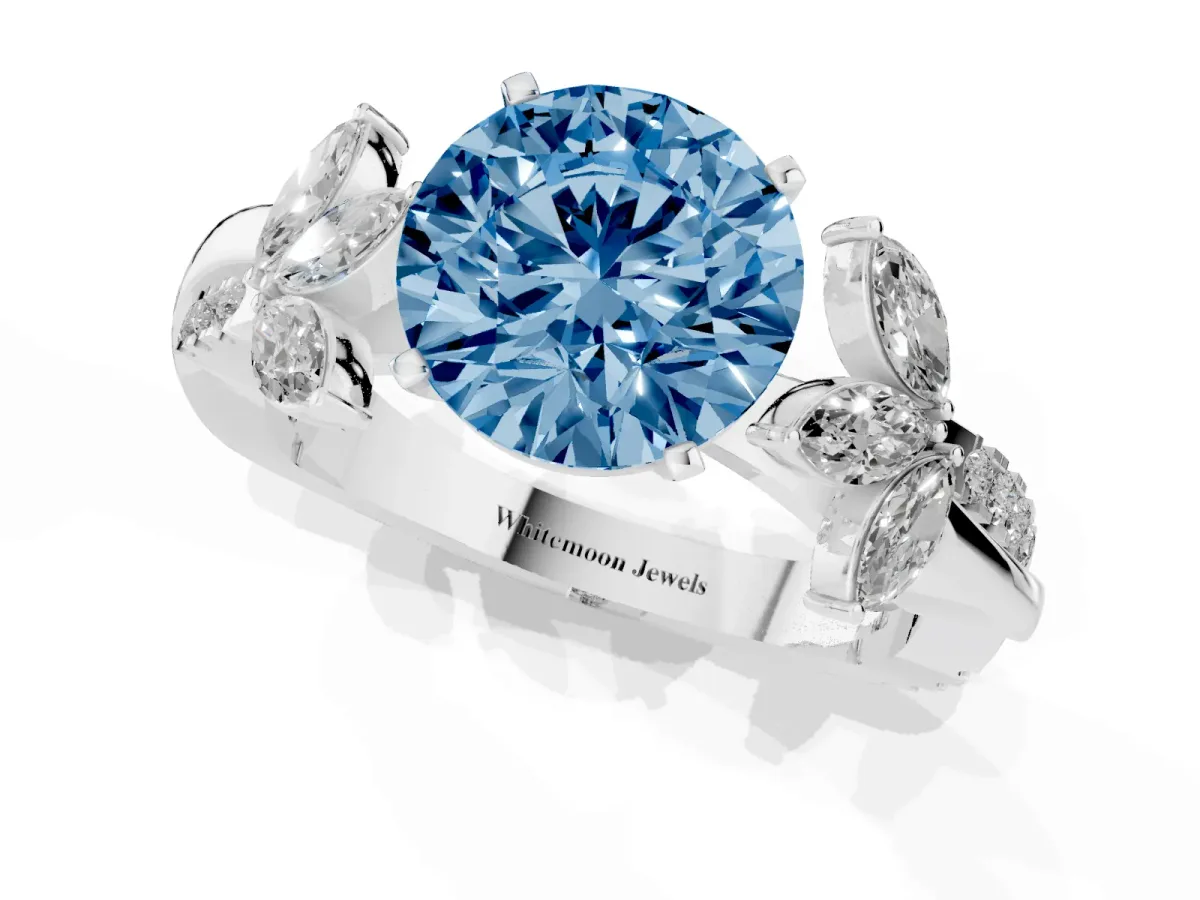 Fancy Blue Round Cut Diamond Floral Vine Solitaire Engagement Ring Platinum