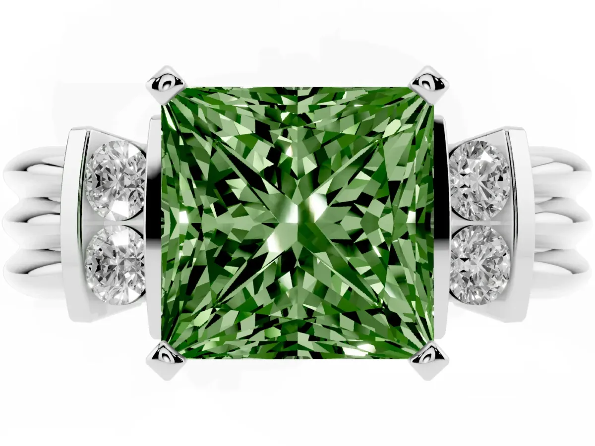 Fancy Green Princess Cut Cut Three-Stone Channel Set Ring with Bar Prongs Silver