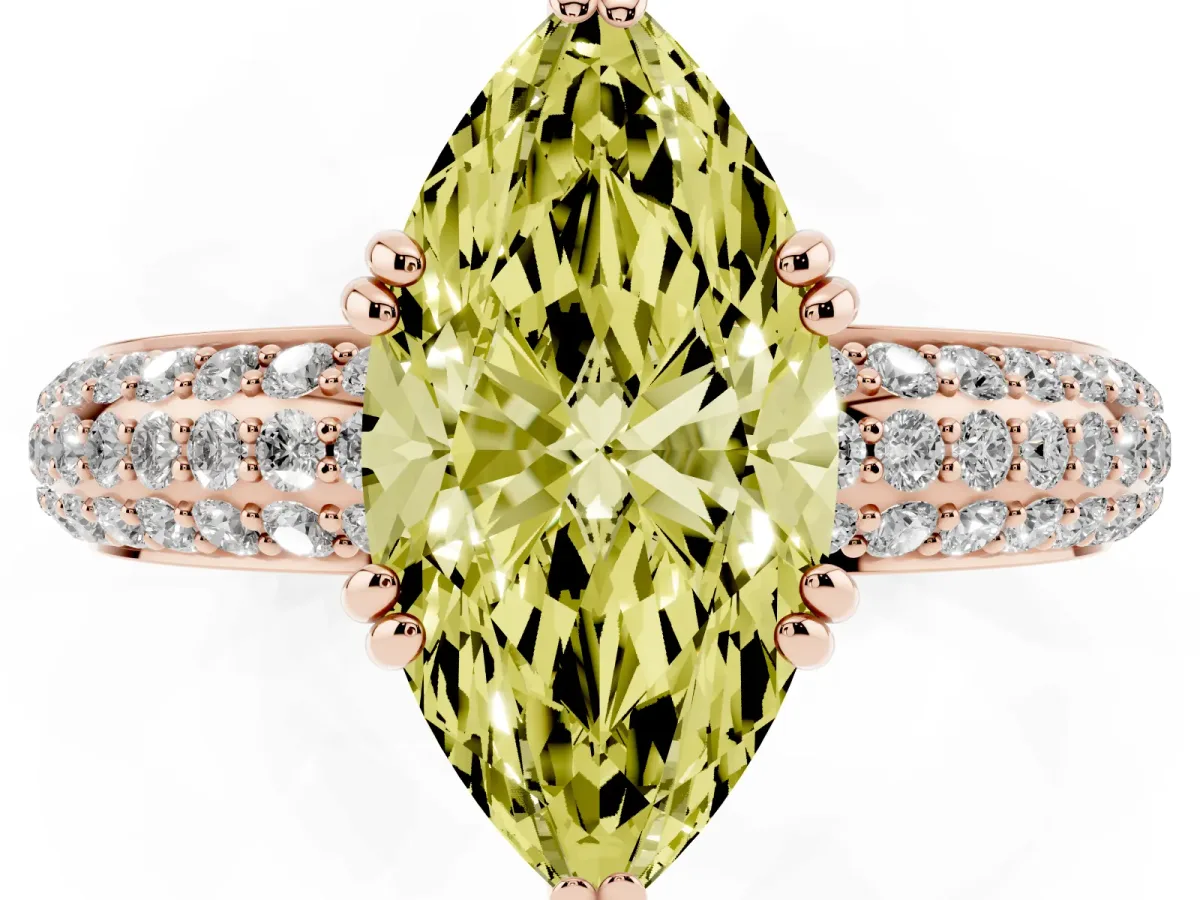 Fancy Yellow Marquise Cut Diamond Solitaire Ring with Multi-Row Round Pavé Band and Prong Setting Rose gold