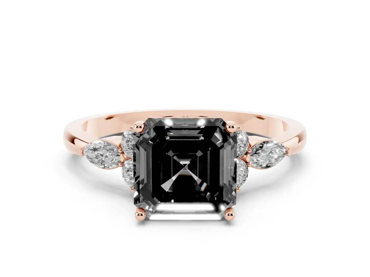 Fancy Black Asscher Cut Brilliant Diamond Solitaire Ring with Pear Side Stones and Four-Prong Setting Rose gold