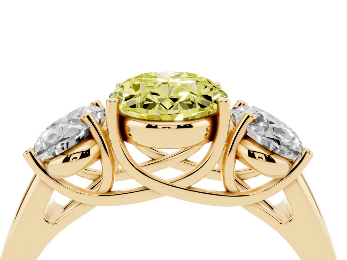 Fancy Yellow Three-Stone Oval Cut Diamond Engagement Ring with Prong Setting Yellow gold