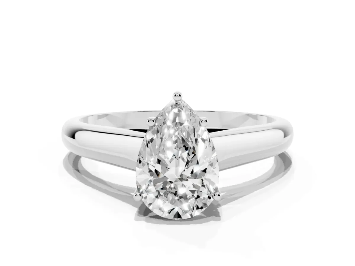 Pear Cut Solitaire Engagement Ring with Tapered Band and Four-Prong Setting White gold