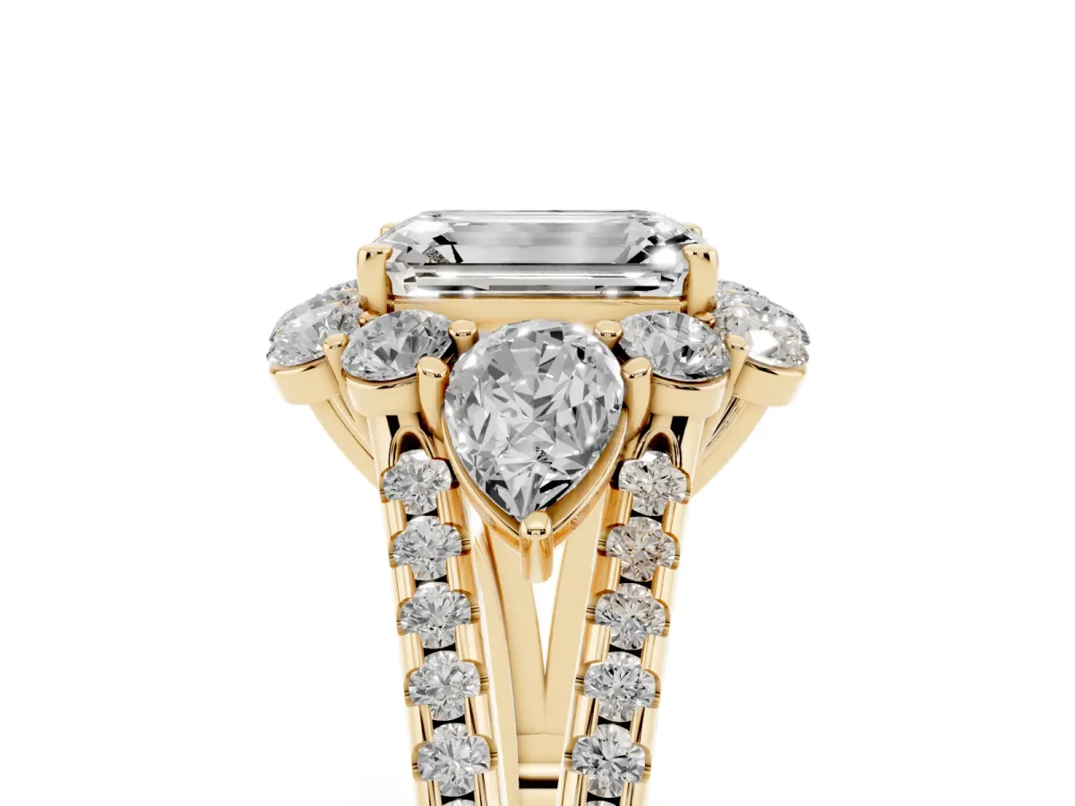 Emerald Cut Halo Split Shank Diamond Engagement Ring with Prong Setting Yellow gold