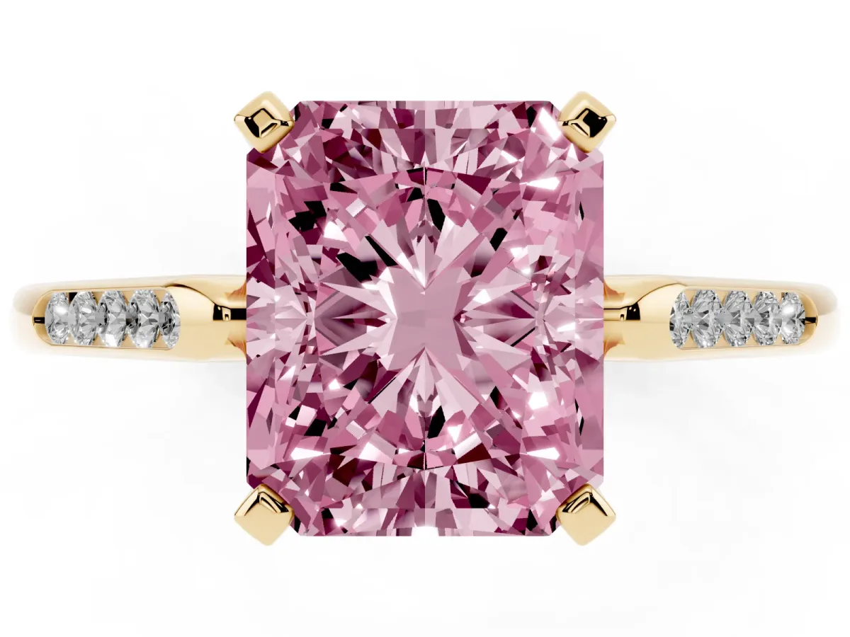 Fancy Pink Radiant Cut Diamond Solitaire Ring with Channel Set Round Band and Prong Setting Yellow gold