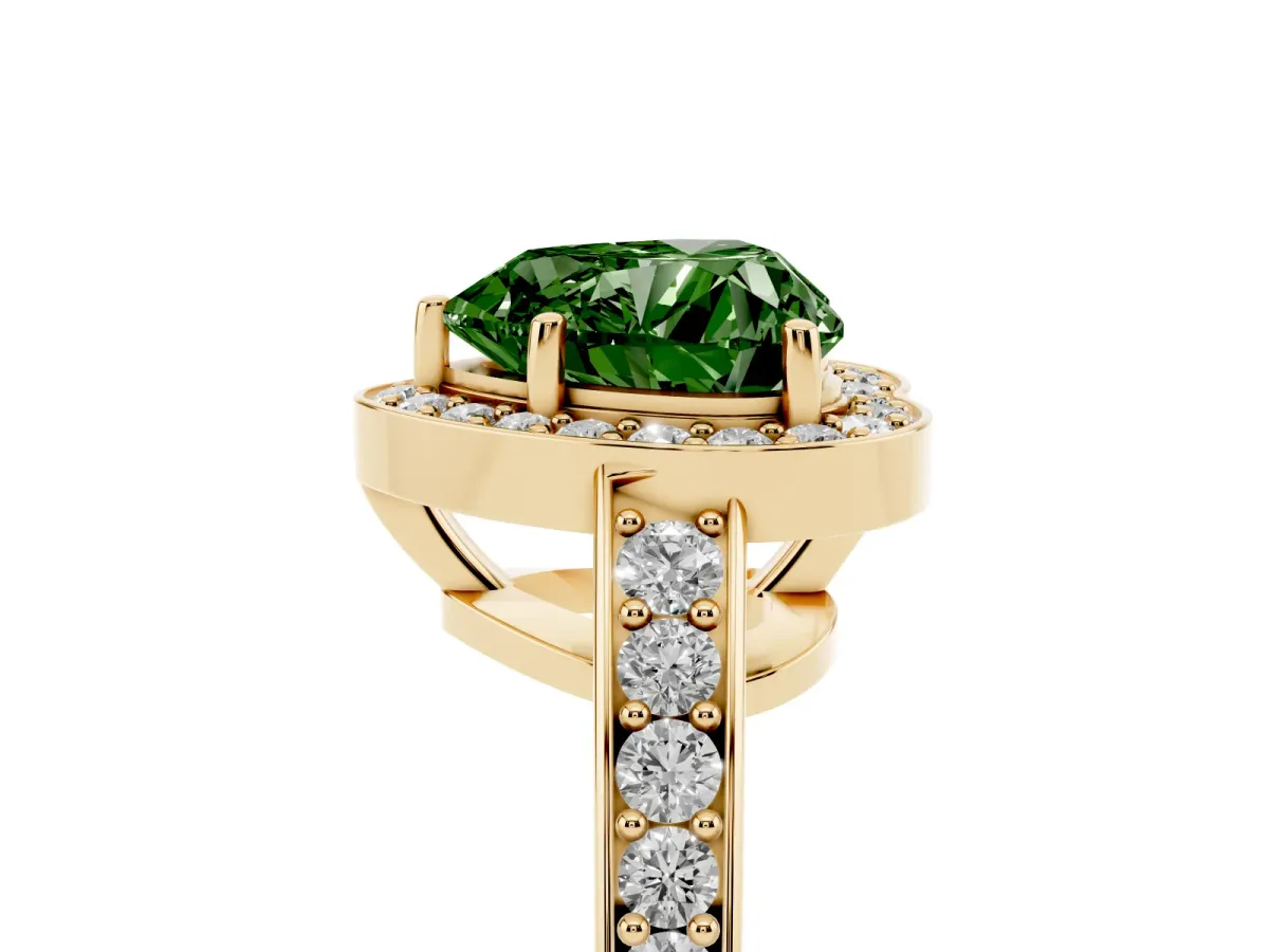 Fancy Green Heart Cut Halo Pavé Diamond Engagement Ring with Bezel Setting Yellow gold