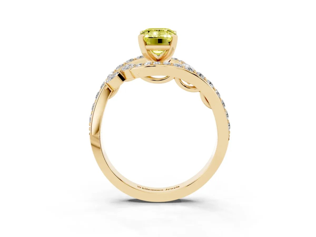 Fancy Yellow Emerald Cut Solitaire with Pavé Twist Band and Four-Prong Setting Yellow gold